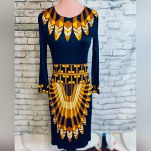 Tory Burch slick Shiny 100% silk jersey Bold Print body hugger Midi  Dress S